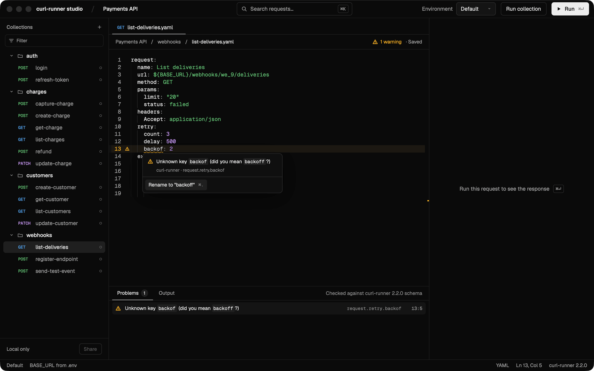The YAML editor with the key backof underlined as a warning. A popover reads: Unknown key backof (did you mean backoff?) and offers the quick fix Rename to "backoff". The Problems panel lists the same warning at line 13.