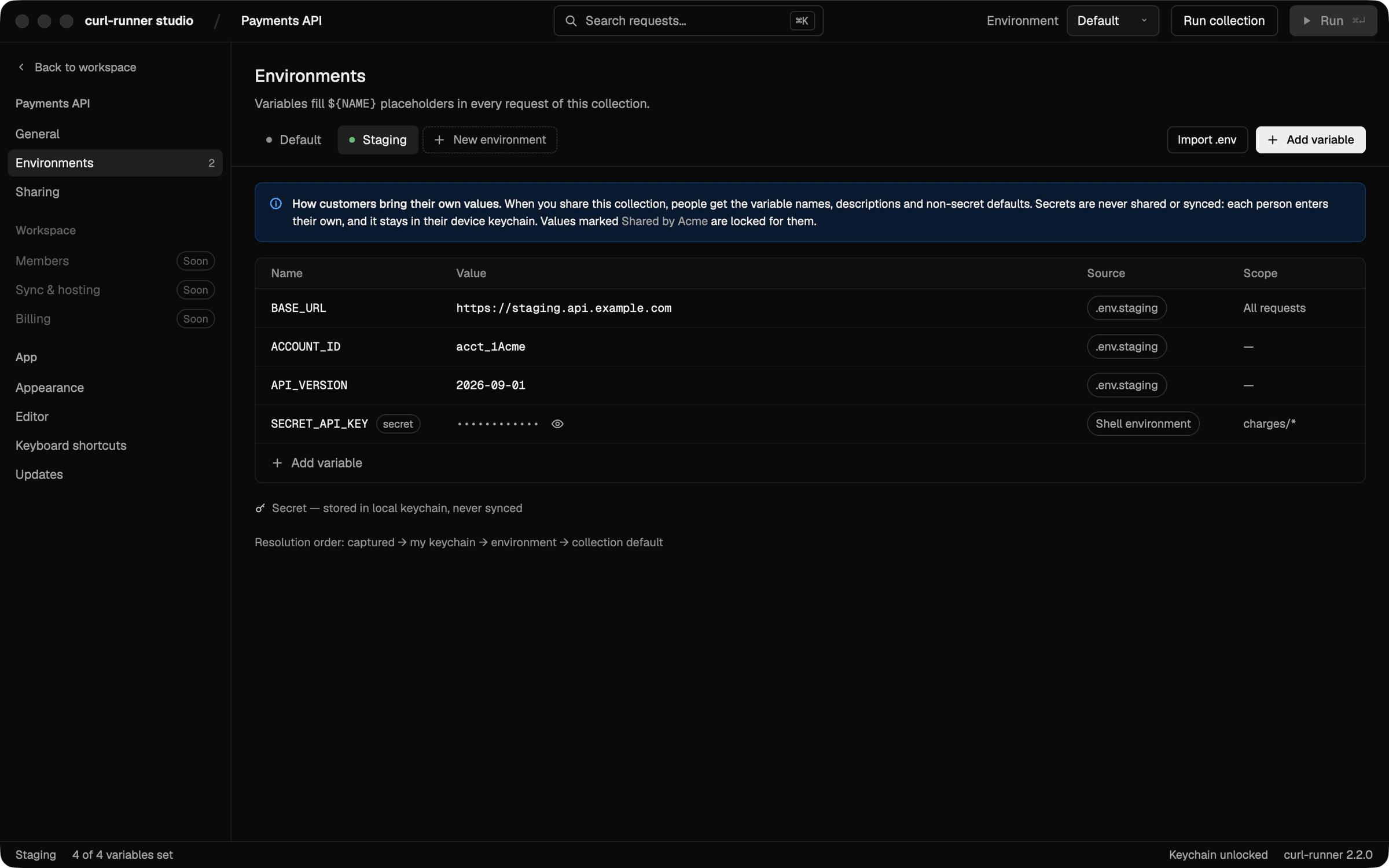 The Environments screen of the Payments API collection on the Staging tab: BASE_URL, ACCOUNT_ID and API_VERSION come from .env.staging, and SECRET_API_KEY is marked secret with its value masked.
